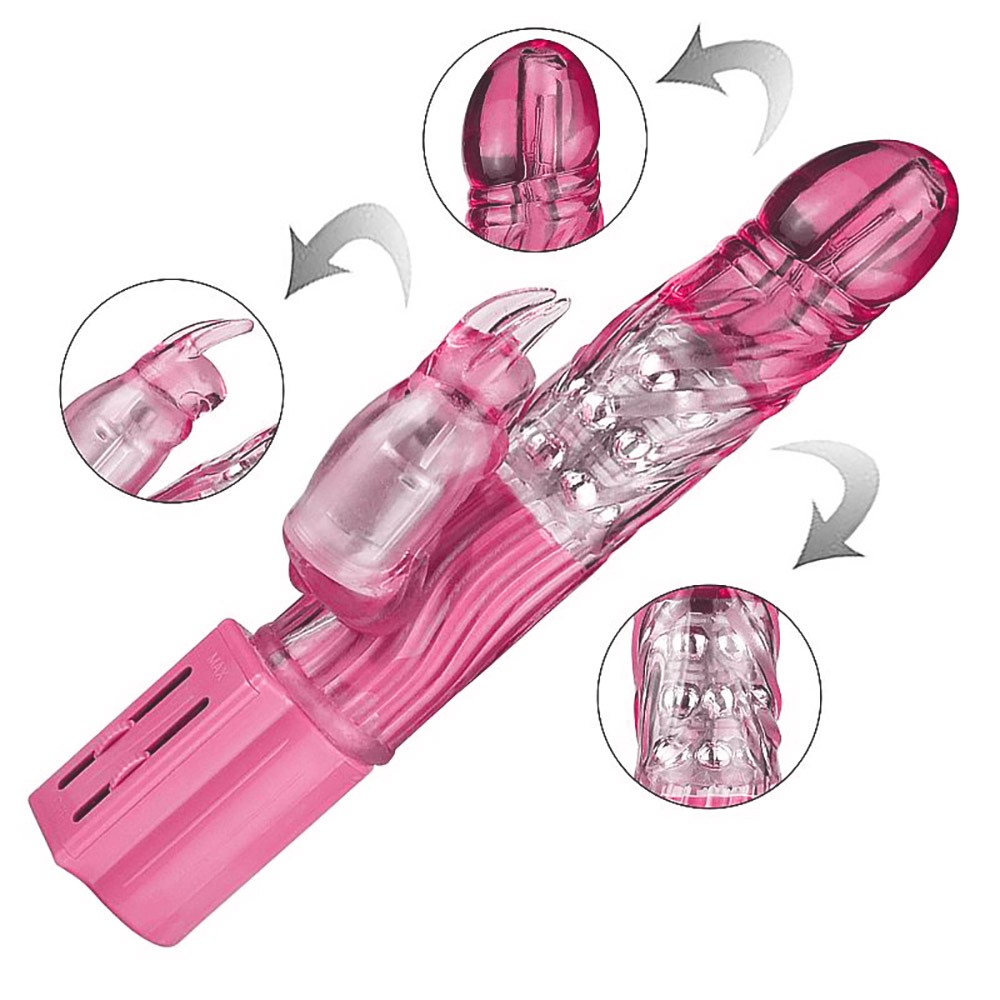 Detalhe do Sex and The City Rosa, evidenciando as funcionalidades de vibra��o, rota��o e o estimulador clitoriano com setas indicativas de movimento