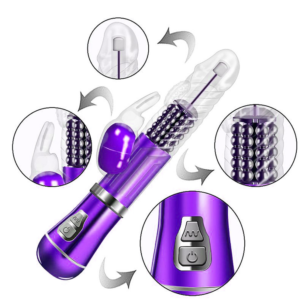 Vibrador Rabbit Recarreg�vel 9 Vibra��es, 6 Rota��es com Estimulador de Clit�ris Coelho II Roxo, vis�o detalhada dos componentes e bot�es de controle