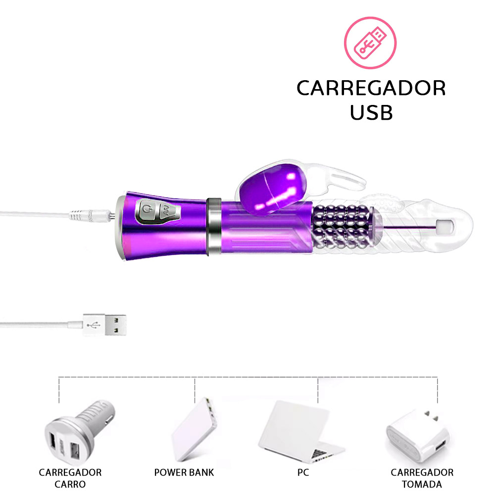 Vibrador Rabbit Recarreg�vel 9 Vibra��es, 6 Rota��es com Estimulador de Clit�ris Coelho II Roxo, detalhe da extremidade rotativa e textura estimulante