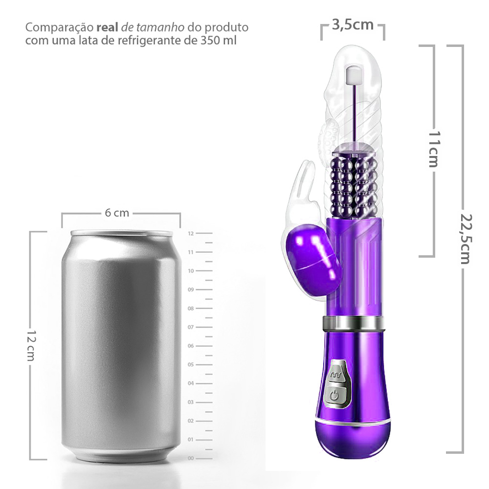 Vibrador Rabbit Recarreg�vel 9 Vibra��es, 6 Rota��es com Estimulador de Clit�ris Coelho II Roxo, close-up nos bot�es de controle de vibra��o e rota��o