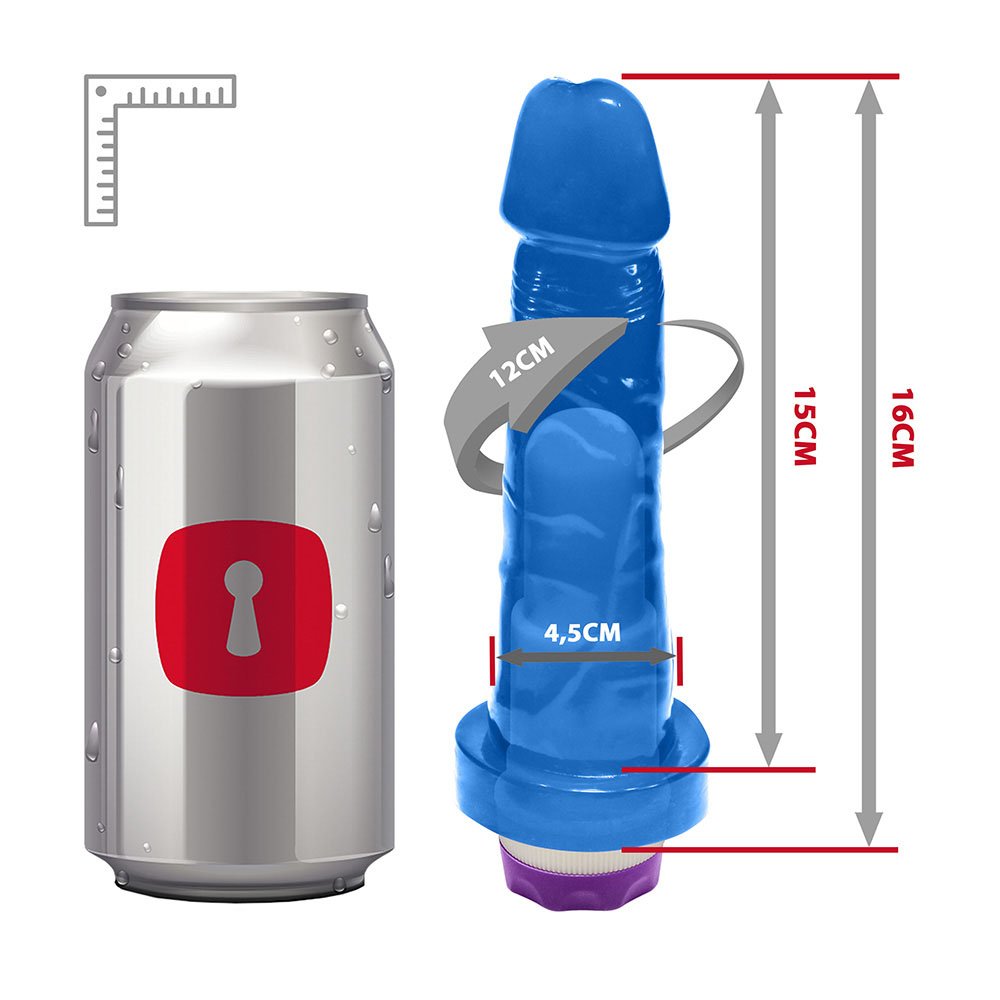 P�nis Mi�rcoles com Vibrador Multivelocidade em vista diagonal, mostrando o comprimento total de 15cm e a colora��o vibrante do material