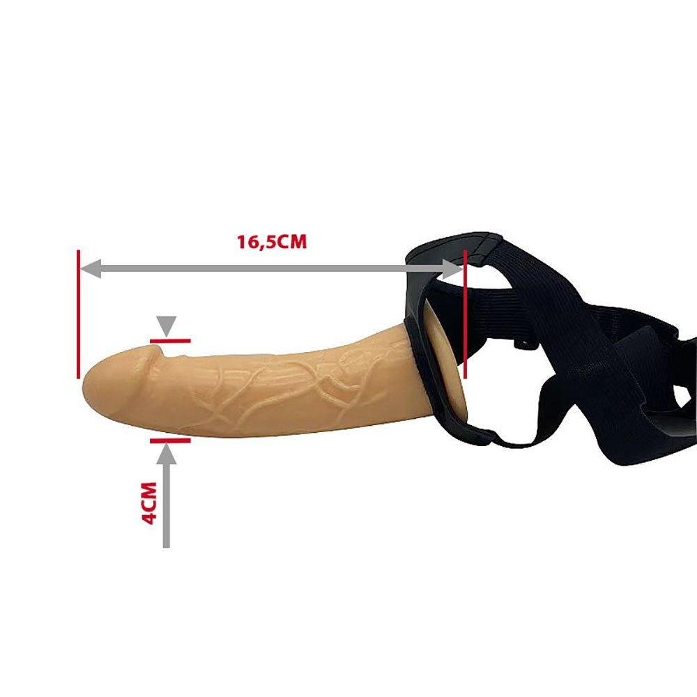 Capa Peniana em Silicone de 16,5cm com Extensor Interno de 5,5cm e Cinta de El�stico Bege, vista detalhada do produto montado com as medidas