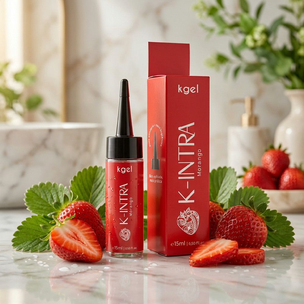 Frasco e embalagem do Gel K-Intra Morango 15ml com morangos frescos ao redor, em ambiente claro e natural