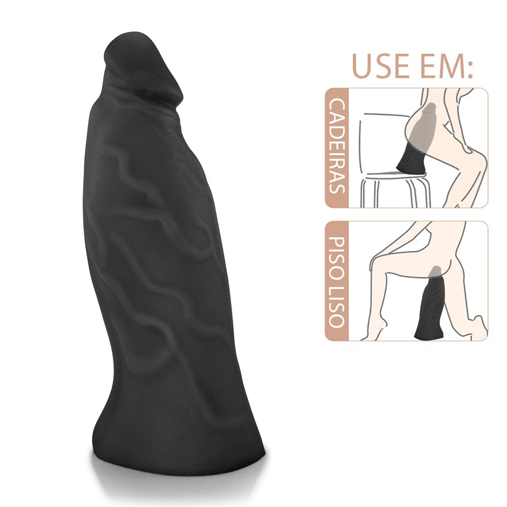 P�nis Gigante e Grosso Flex�vel Jatoba�o Preto em vista de tr�s, destacando a base para cinta e as texturas