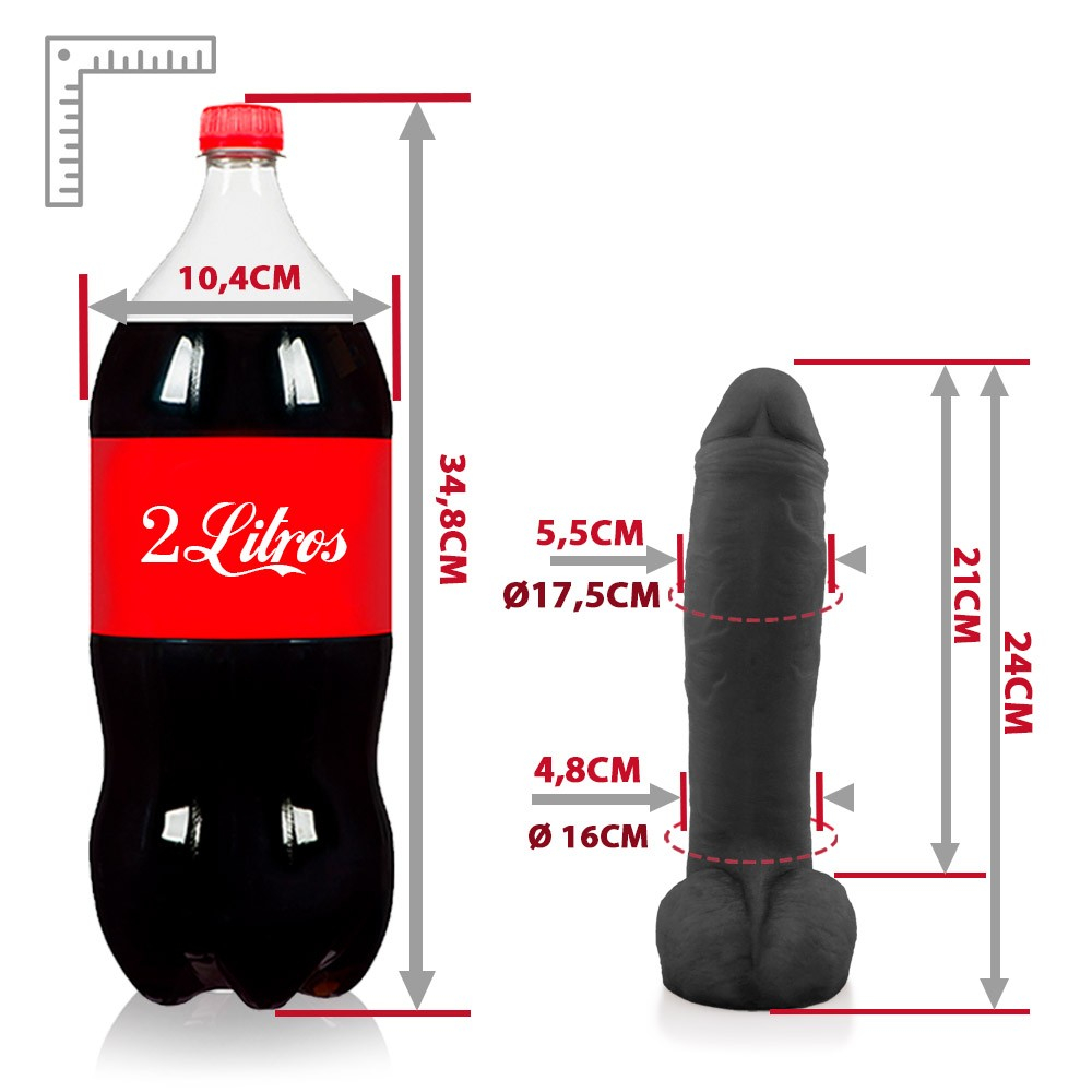 P�nis Real�stico em PVC Flex�vel com Escroto Baguete 24 x 5,5cm Preto em vista de cima, ilustrando sua espessura, formato de baguete e o escroto