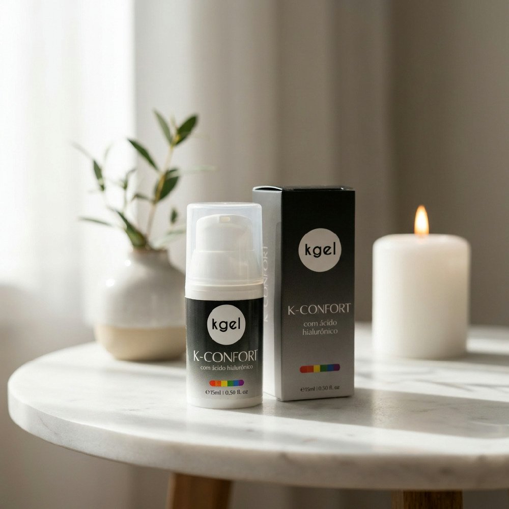 Gel Dessensibilizante K-Confort 15ml com frasco e embalagem em ambiente interior decorado com planta e vela acesa