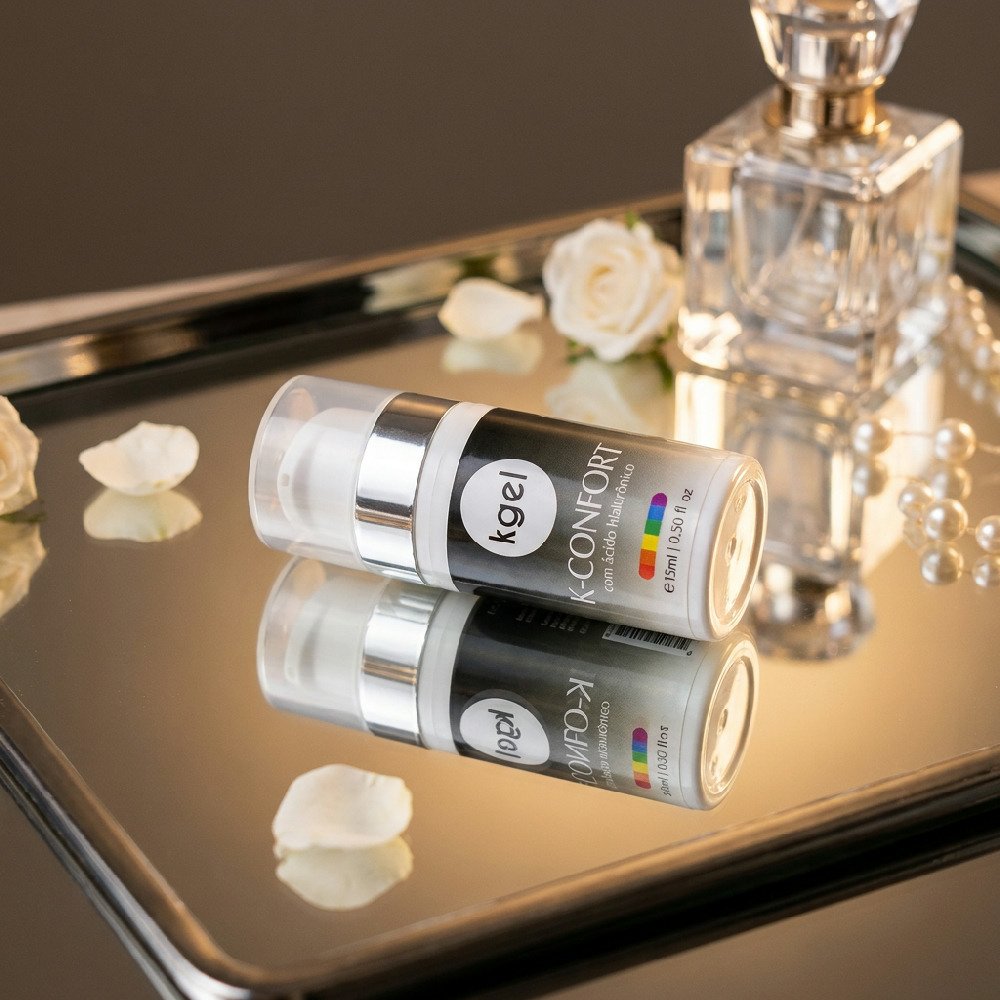 Frasco do Gel Dessensibilizante K-Confort 15ml deitado em superf�cie espelhada, com flores e perfume no fundo