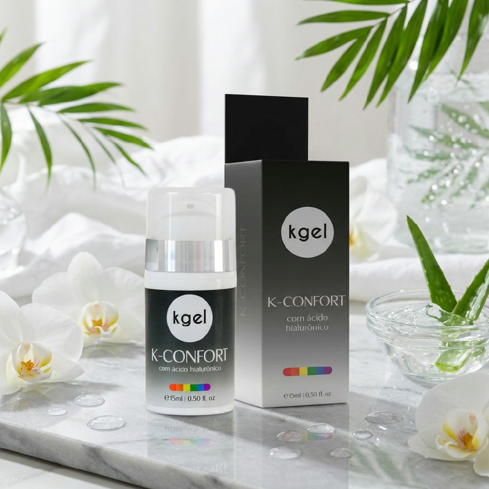 Frasco do Gel Dessensibilizante K-Confort 15ml com embalagem em fundo luminoso com folhagem verde e orqu�deas brancas