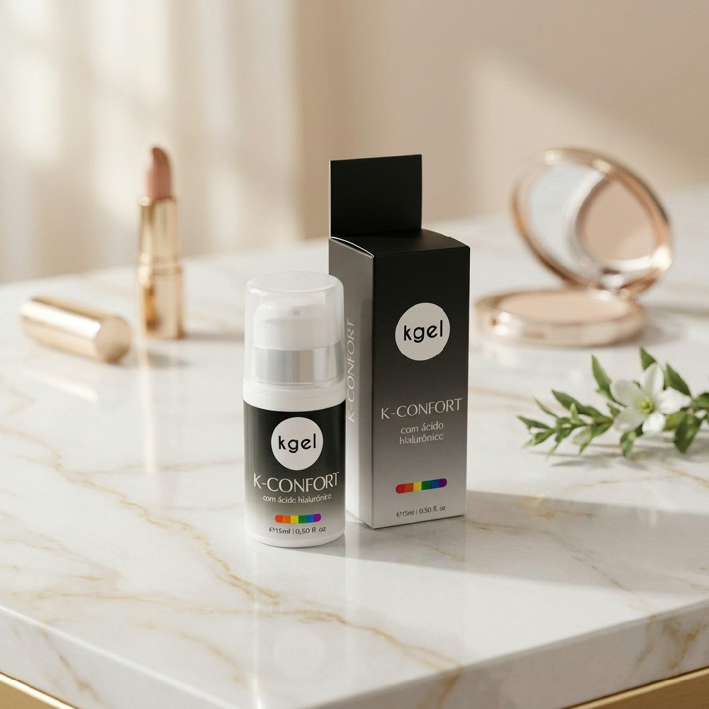 Closeup da embalagem do Gel Dessensibilizante K-Confort com detalhes do nome, marca Kgel e composi��o