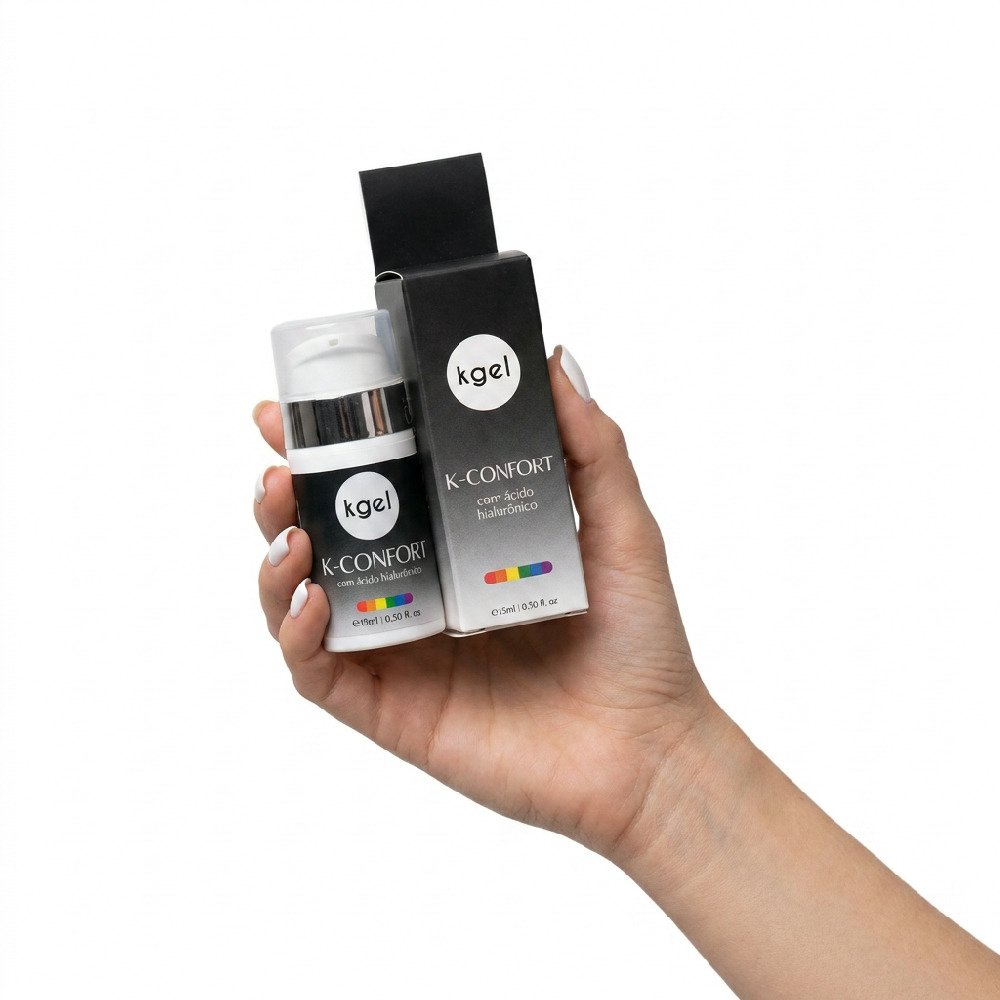 Frasco do Gel Dessensibilizante K-Confort 15ml aberto, com a bomba dosadora vis�vel e a embalagem ao lado