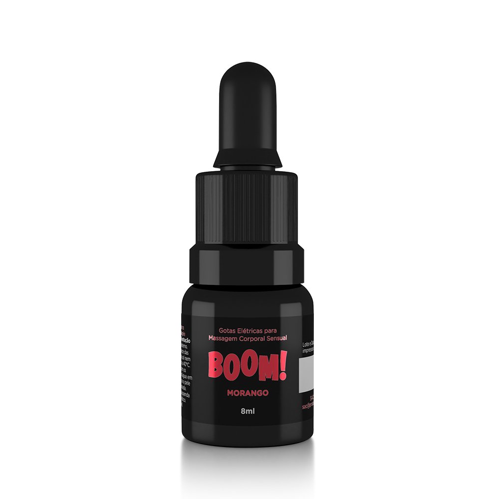 Frasco do Gel Excitante Feminino Gotas El�tricas Boom Morango em destaque com as informa��es do r�tulo e bico conta-gotas