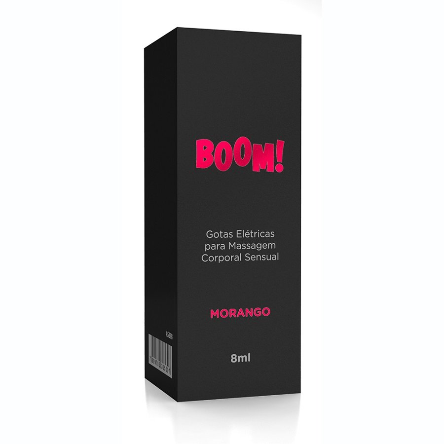 Embalagem da caixa do Gel Excitante Feminino Gotas El�tricas Boom Morango em preto com o nome BOOM! em rosa e informa��es do produto