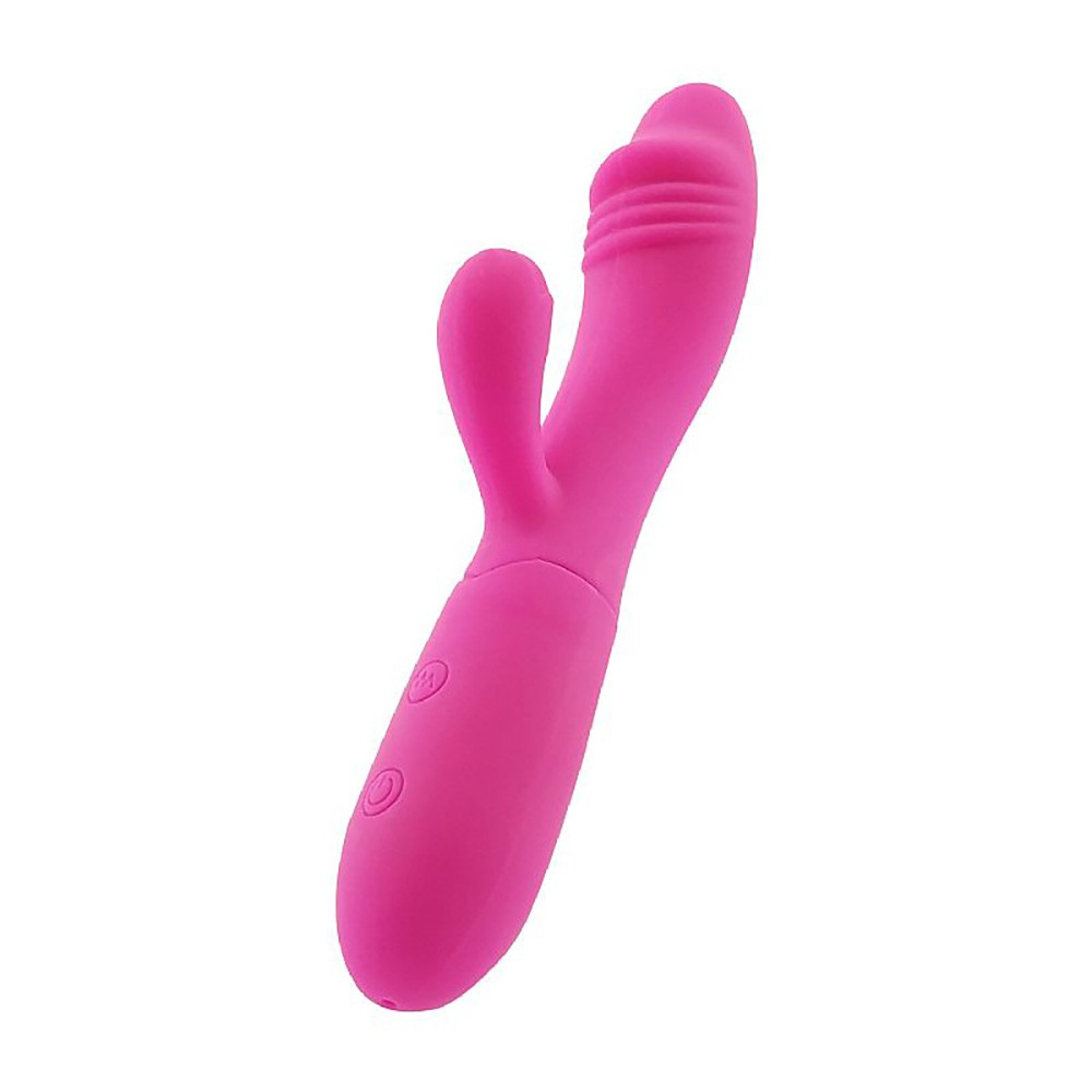 Vibrador Duplo Ila Pink em silicone macio, com duas hastes vibrat�rias e bot�es de controle