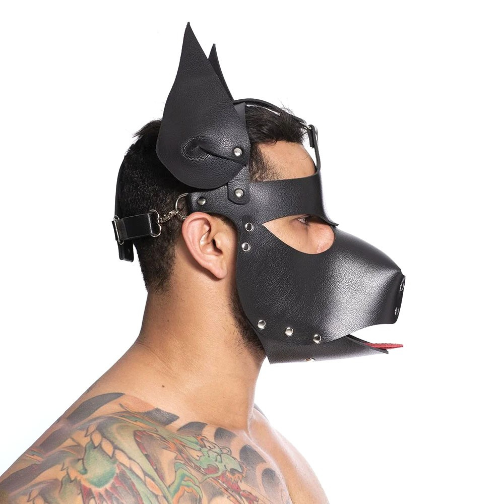 Máscara Cachorro Sado em PU (Imitação de Couro) com Rebites Ajustável Preta | Foto 03