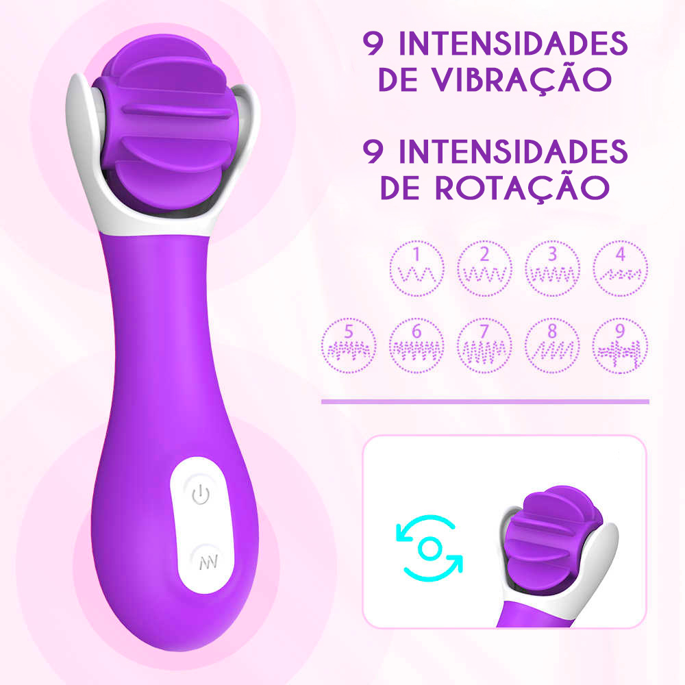 Simulador de Sexo Oral em Roxo destacando as 9 intensidades de vibra��o e 9 intensidades de rota��o