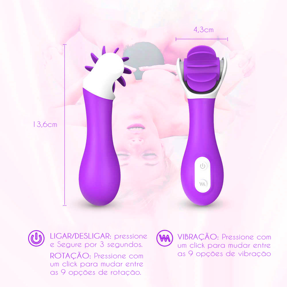 Dimens�es do Simulador de Sexo Oral em Silicone Roxo: 13,6cm de comprimento, 4,3cm de largura do rolo