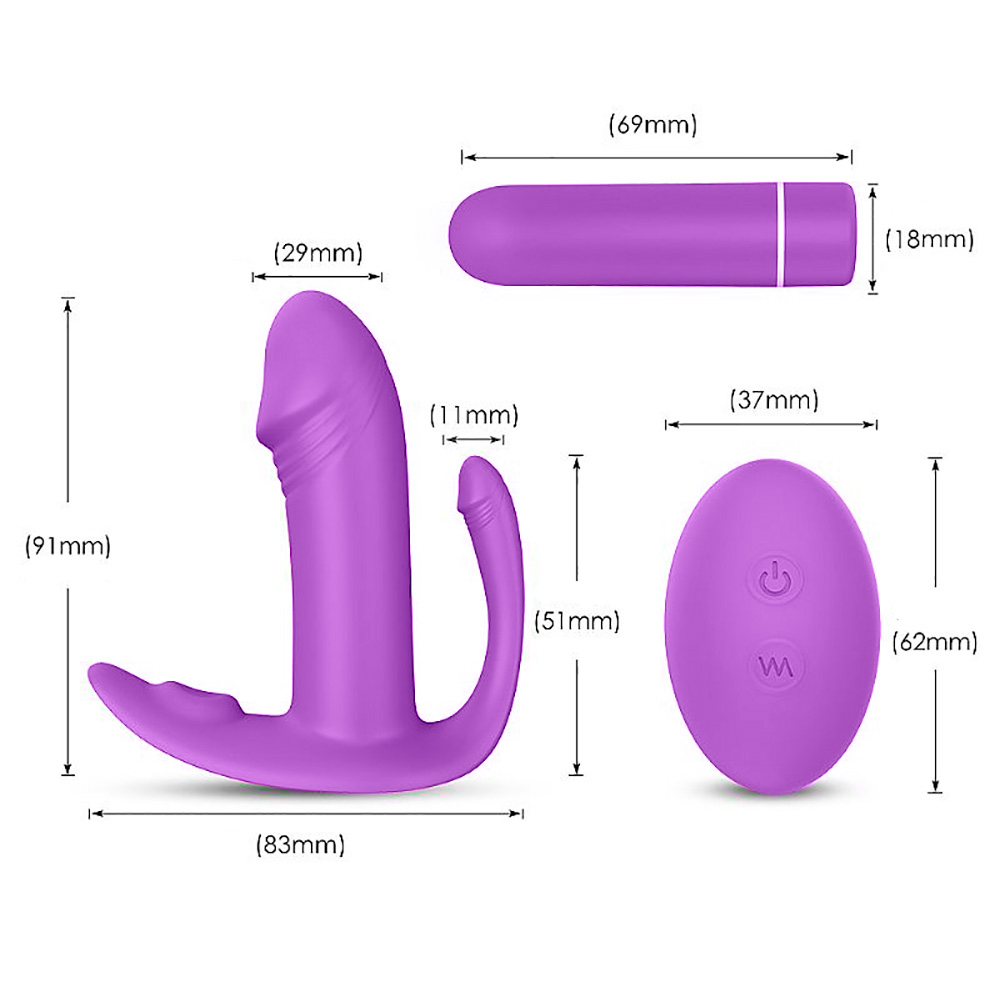Vibrador de silicone lil�s em vista superior e controle remoto, com indica��es de medidas em mil�metros, destacando seu tamanho compacto