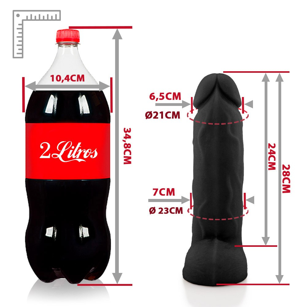 P�nis Real�stico em PVC Flex�vel com Escroto Roludo 28 x 7cm Preto: dildo preto deitado, mostrando o comprimento total e o design realista