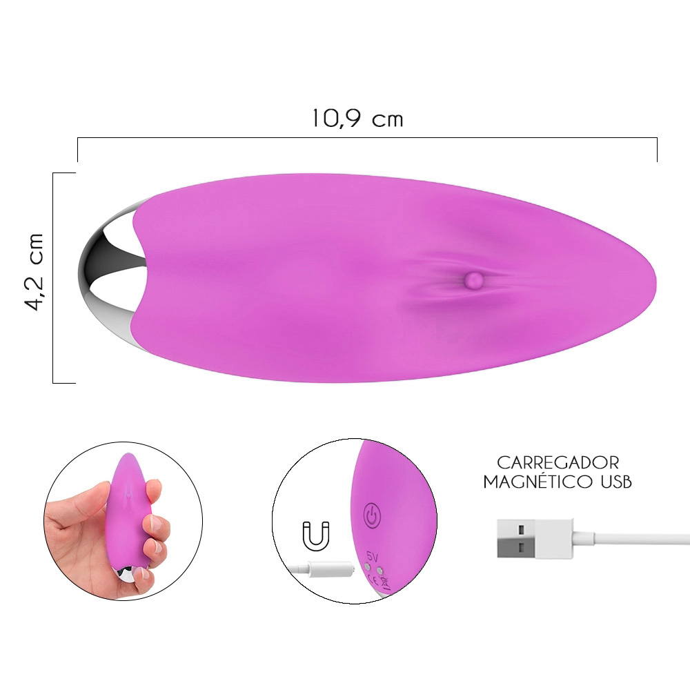 Vibrador Kissme Roxo em m�o feminina, demonstrando o tamanho e a ergonomia