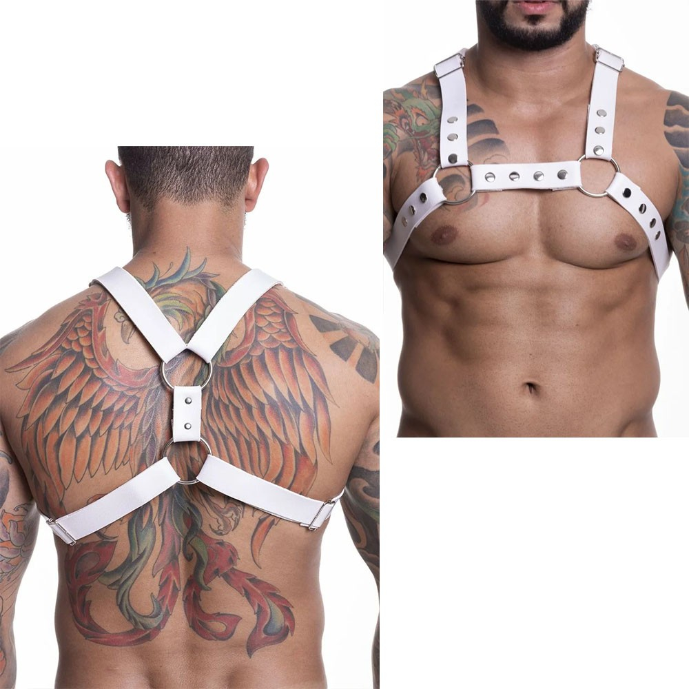 Harness Arreio Masculino em PU (Imita��o de Couro) com Rebites Ajust�vel Branco | Foto 02 Ilustrativa