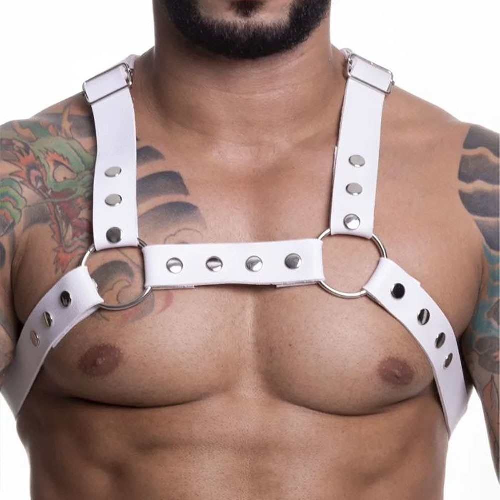 Harness Arreio Masculino em PU (Imita��o de Couro) com Rebites Ajust�vel Branco | Foto 03