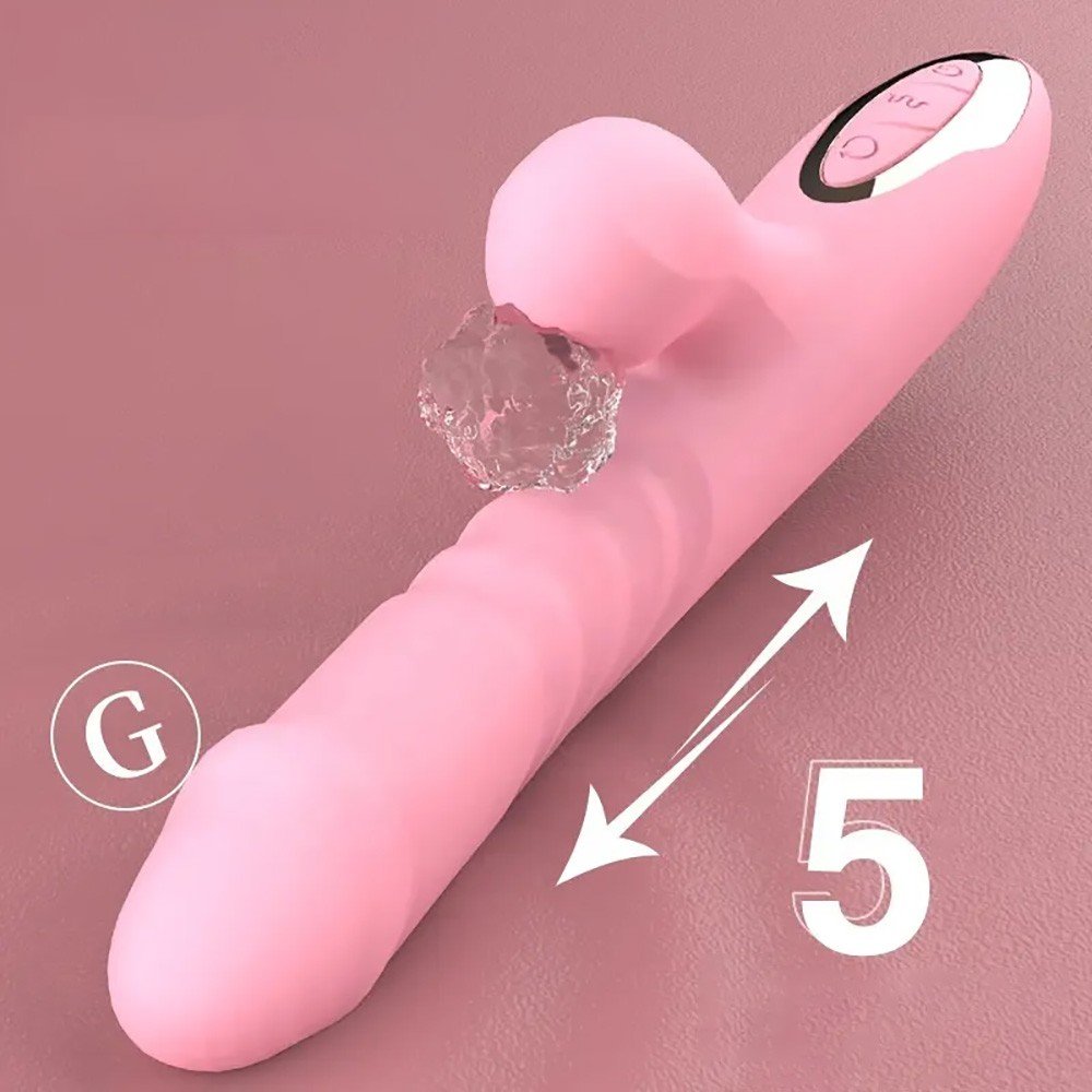  close do Vibrador Duplo Recarreg�vel em Silicone Rosa, com ilustra��es indicando a fun��o de vai e vem e estimula��o do ponto G