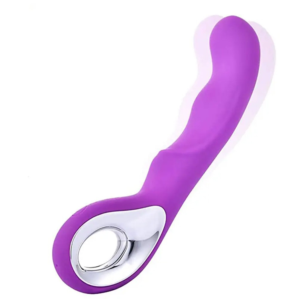 Vibrador Ponto G Recarreg�vel em Silicone Roxo em vista angular, destacando o painel de controle cromado