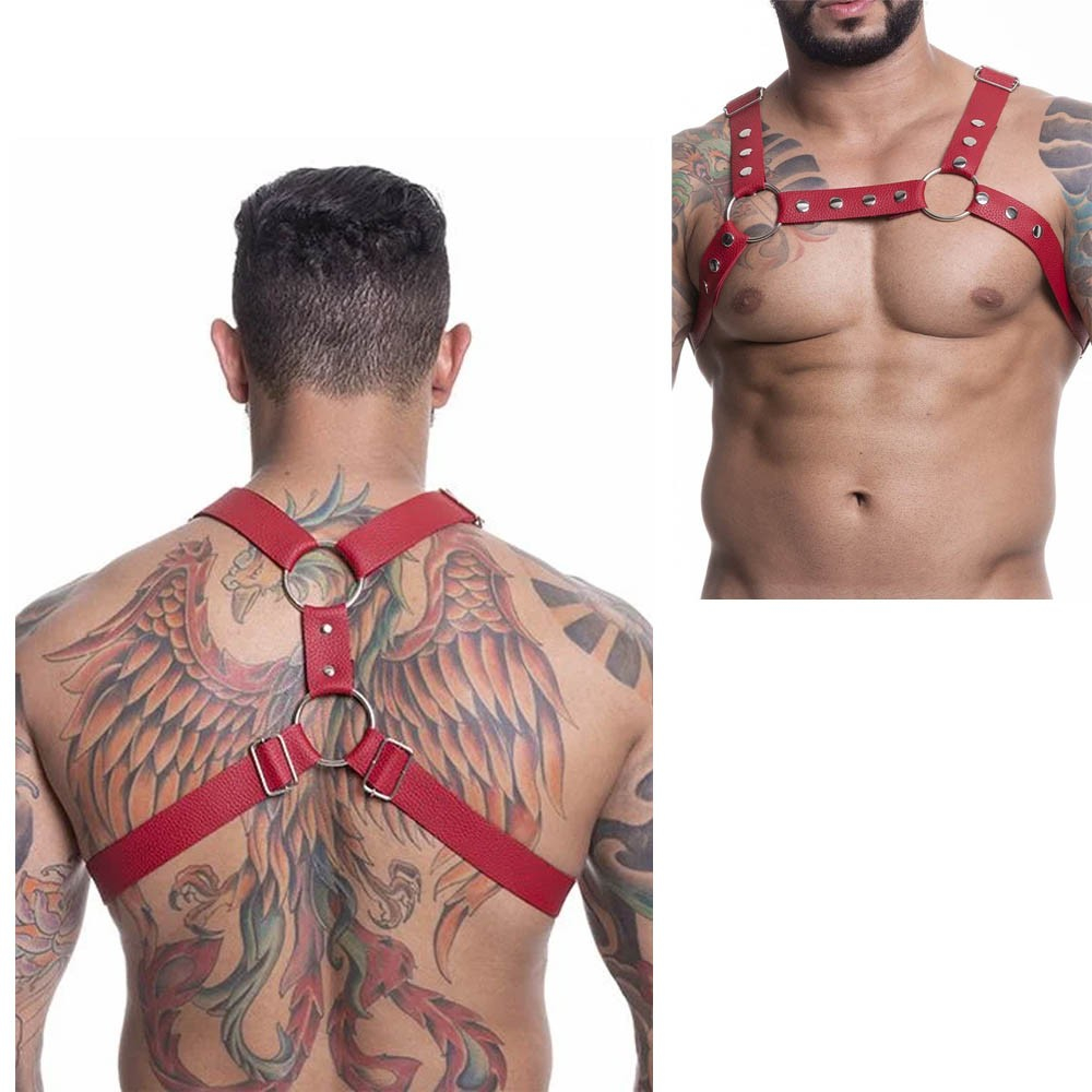 Harness Arreio Masculino em PU (Imita��o de Couro) com Rebites Ajust�vel Vermelho | Foto 02 Ilustrativa
