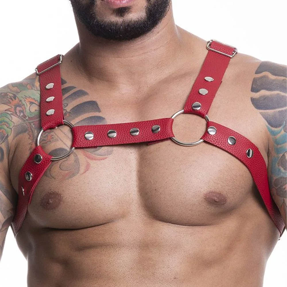Harness Arreio Masculino em PU (Imita��o de Couro) com Rebites Ajust�vel Vermelho | Foto 03