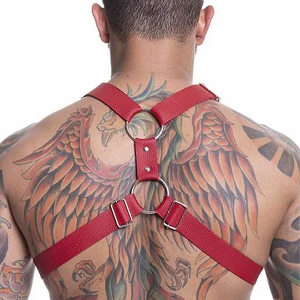 Harness Arreio Masculino em PU (Imita��o de Couro) com Rebites Ajust�vel Vermelho | Foto 04
