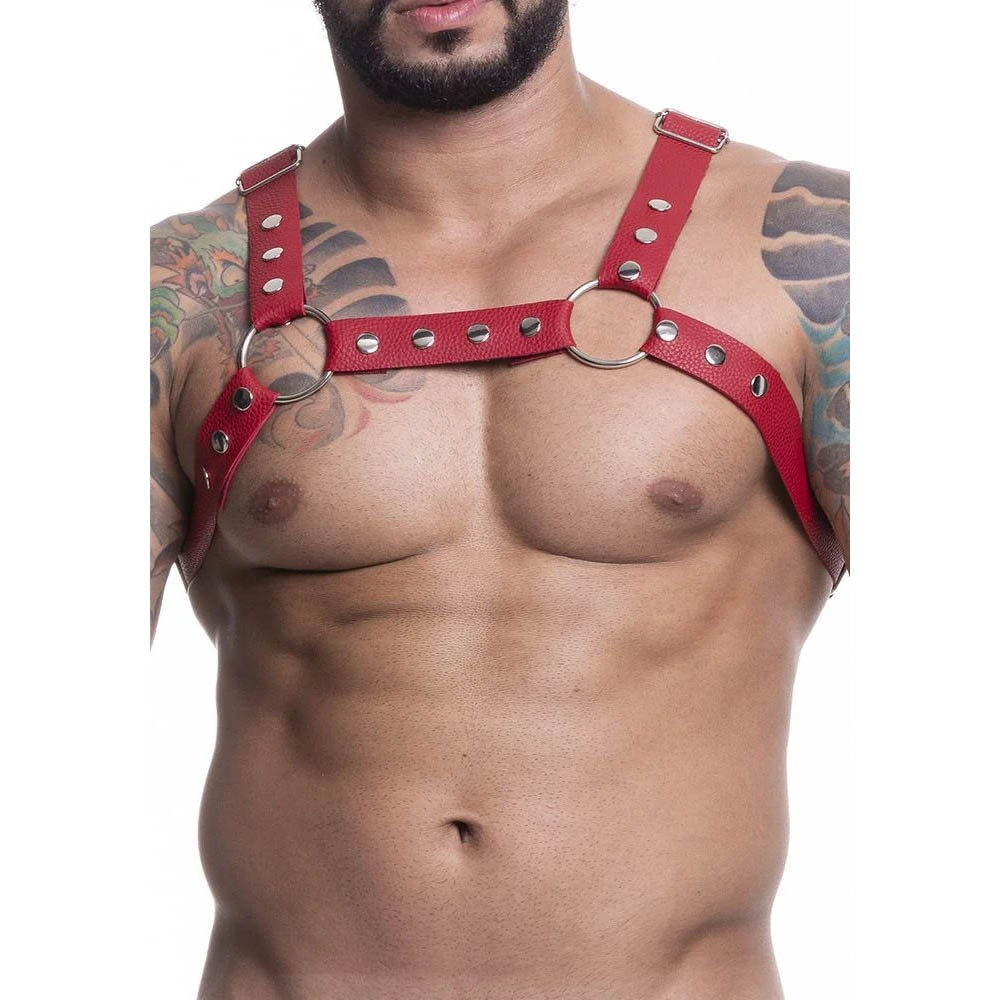 Harness Arreio Masculino em PU (Imita��o de Couro) com Rebites Ajust�vel Vermelho | Foto 05
