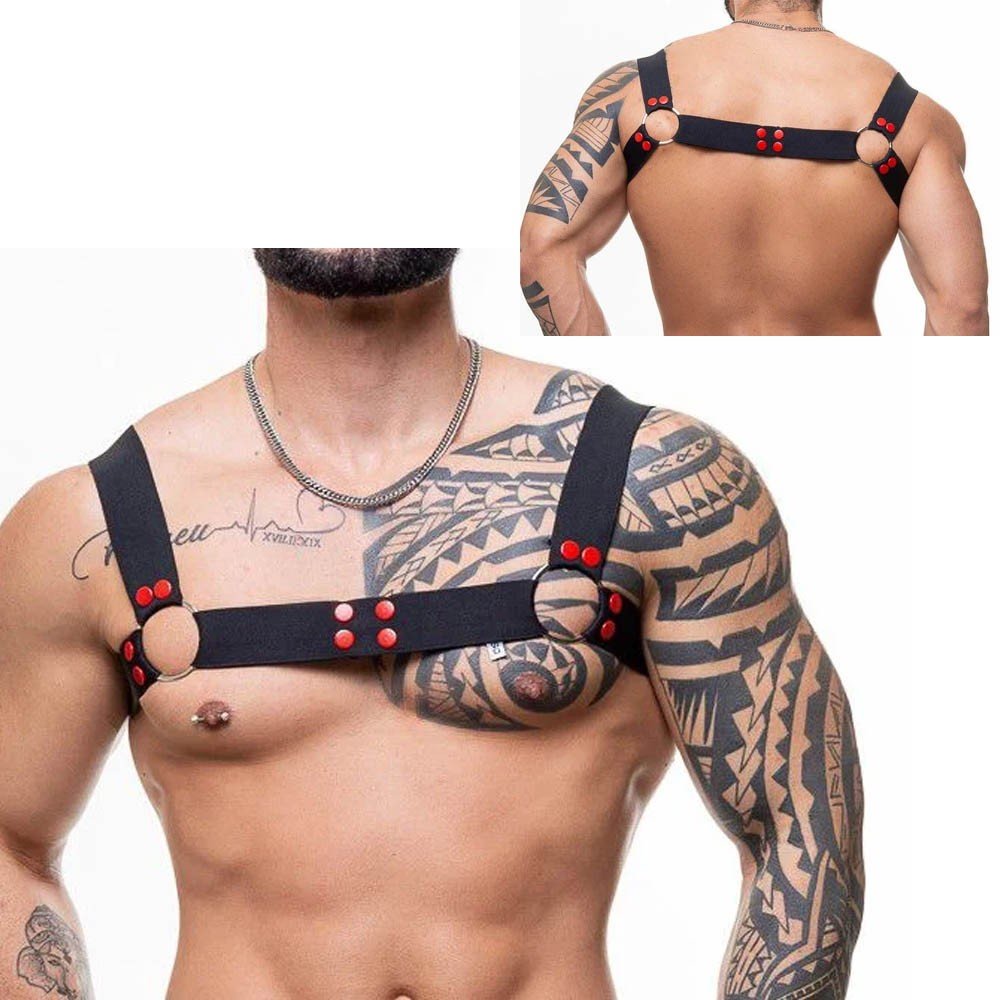 Harness Arreio Masculino em Elástico e Rebites Vermelho com Argolas Preto | Foto 01