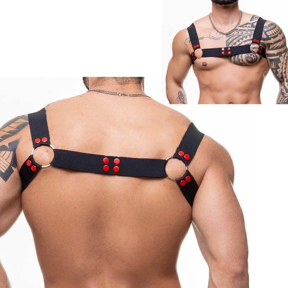 Harness Arreio Masculino em Elástico e Rebites Vermelho com Argolas Preto | Foto 02