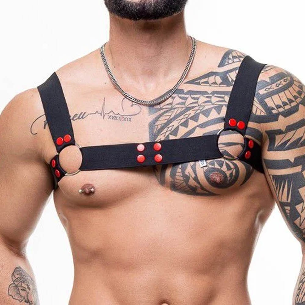 Harness Arreio Masculino em Elástico e Rebites Vermelho com Argolas Preto | Foto 03