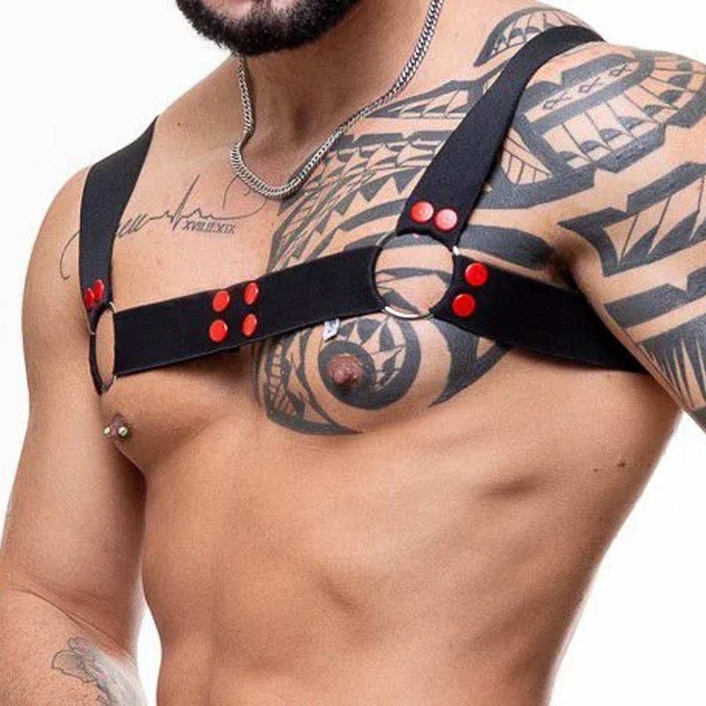 Harness Arreio Masculino em Elástico e Rebites Vermelho com Argolas Preto | Foto 04