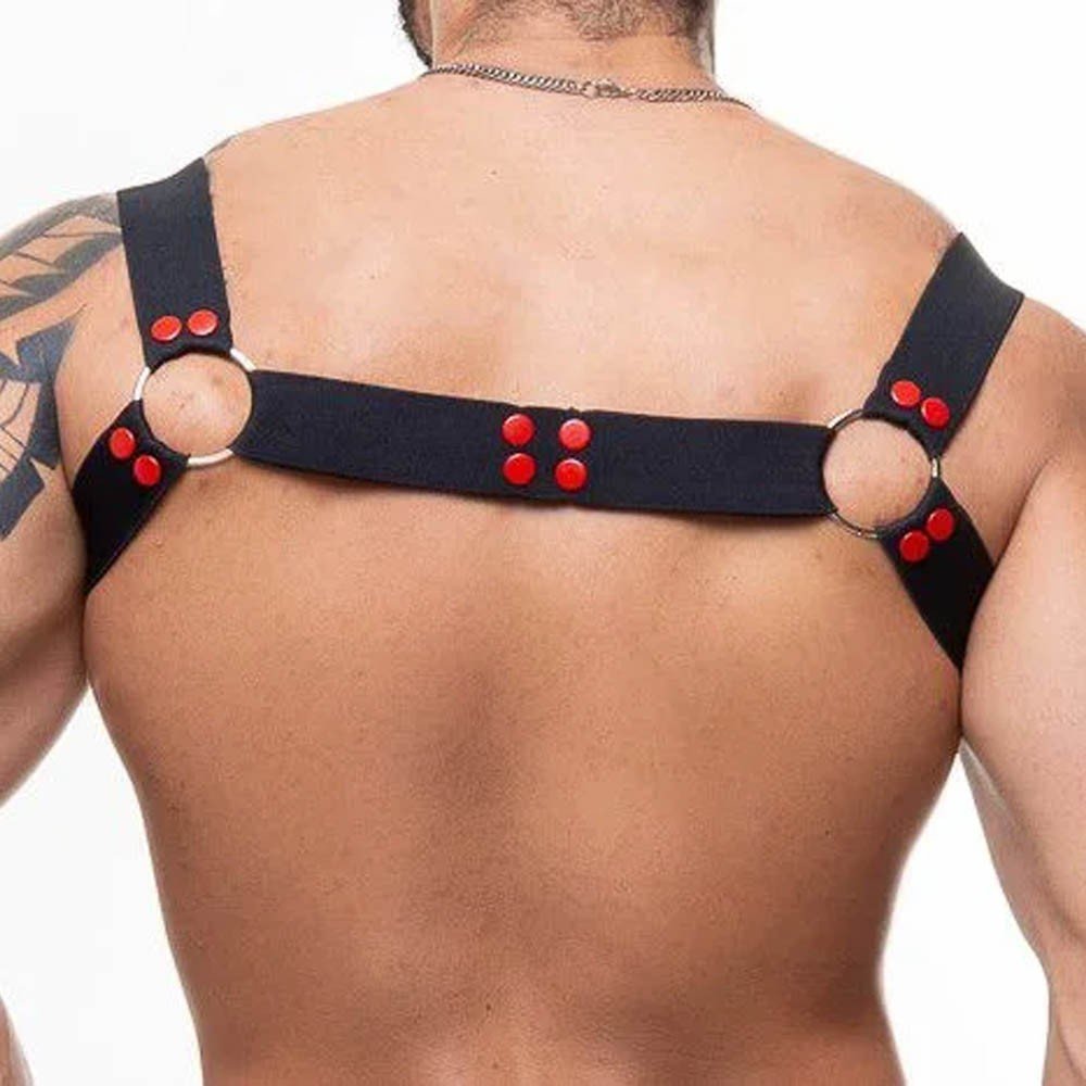 Harness Arreio Masculino em Elástico e Rebites Vermelho com Argolas Preto | Foto 05