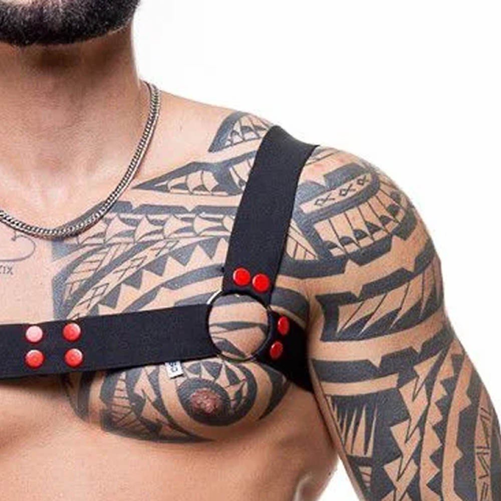 Harness Arreio Masculino em Elástico e Rebites Vermelho com Argolas Preto | Foto 06