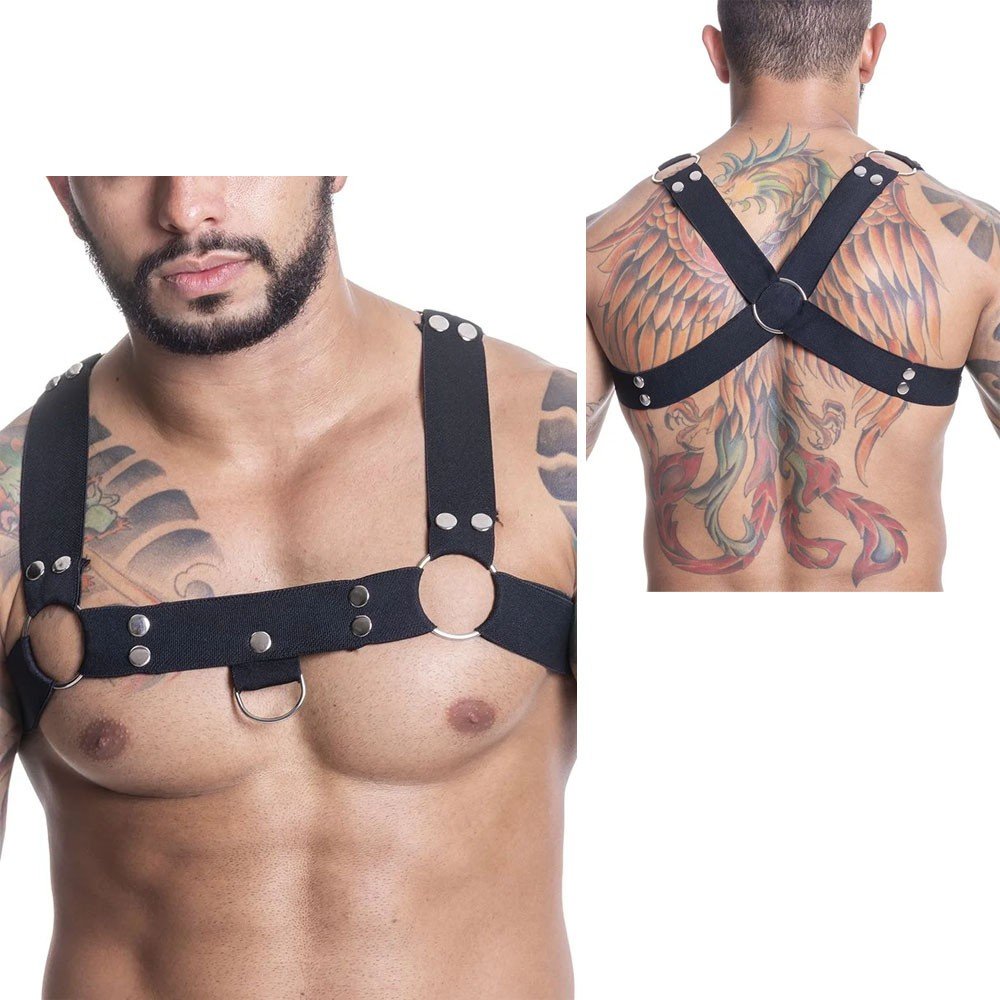 Harness Arreio Masculino em Elástico com Argolas e Rebites Preto | Foto 01