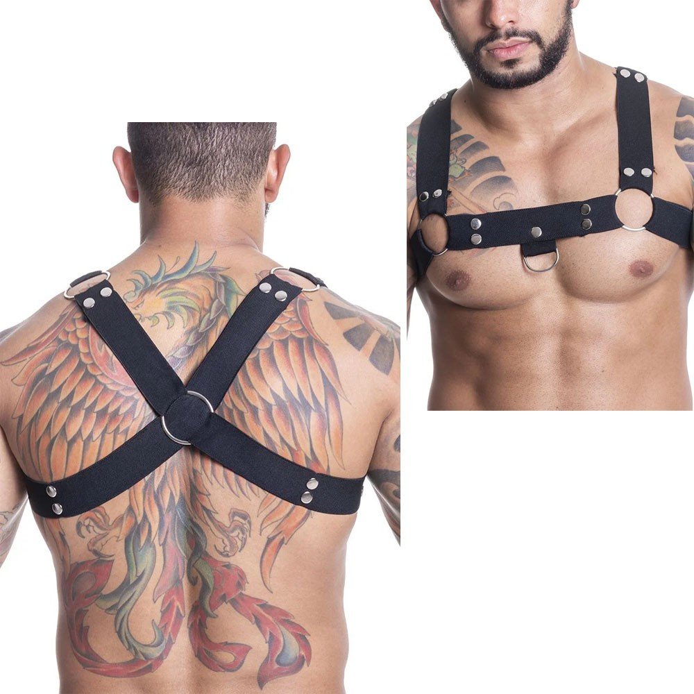 Harness Arreio Masculino em Elástico com Argolas e Rebites Preto | Foto 02