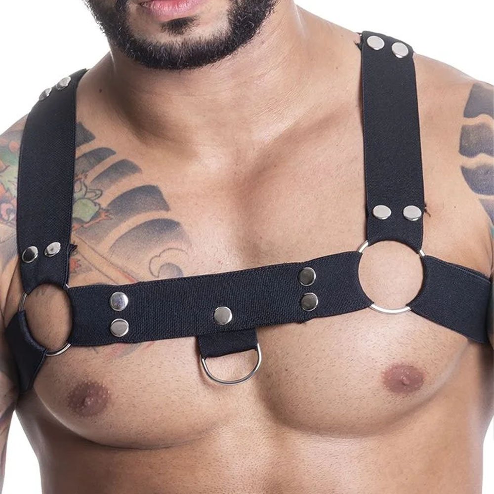 Harness Arreio Masculino em Elástico com Argolas e Rebites Preto | Foto 03
