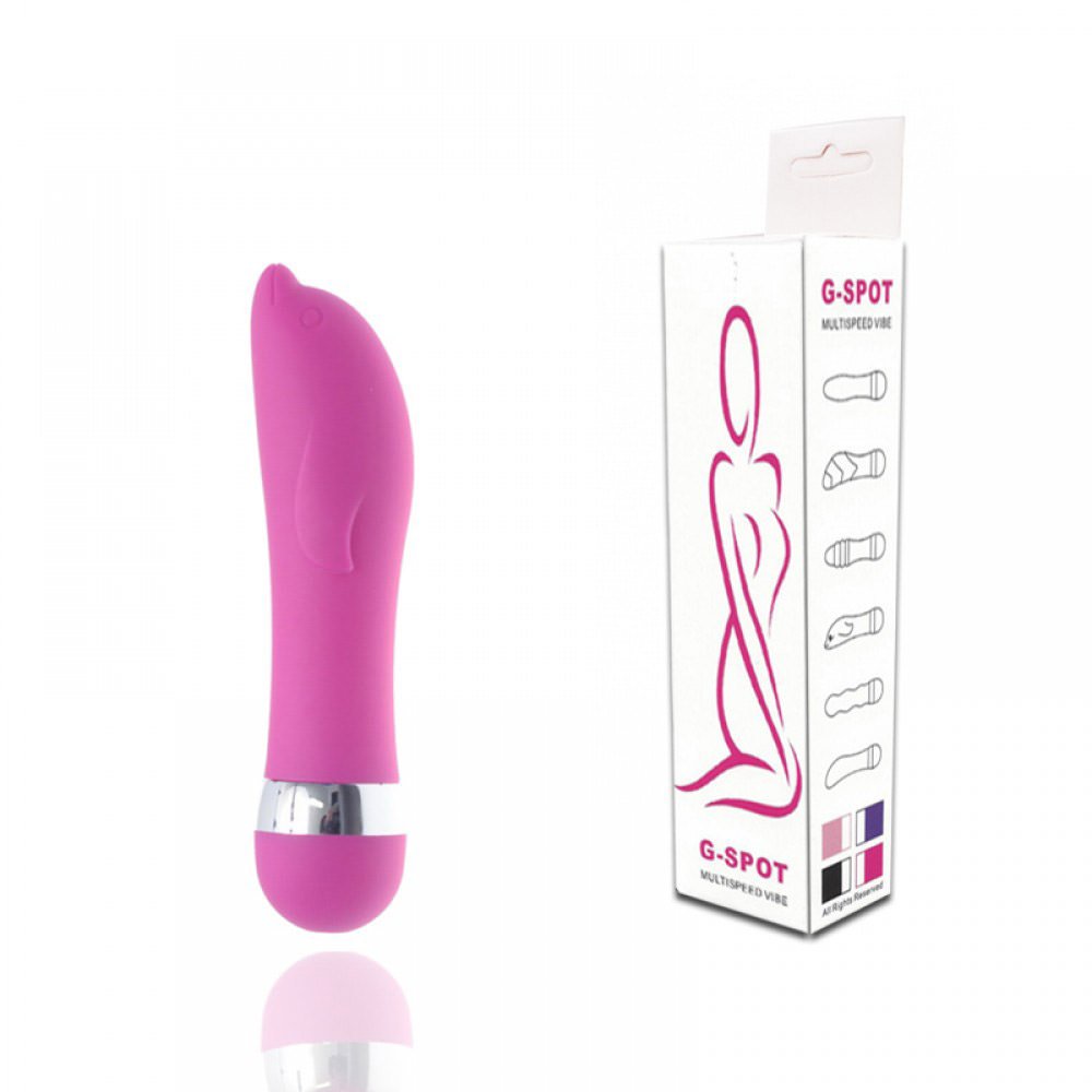 Vibrador para Clit�ris em Formato de Golfinho Pink e sua embalagem, mostrando a marca G-SPOT.