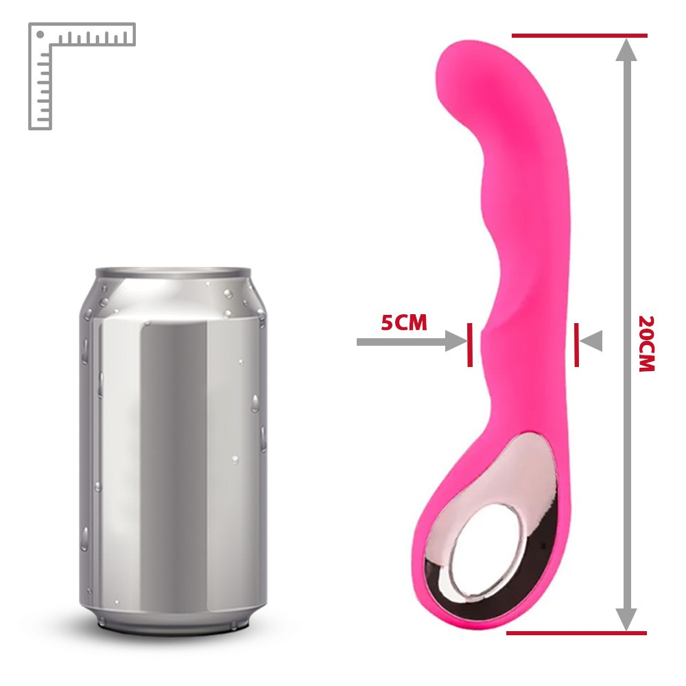 Vibrador Ponto G Recarreg�vel em Silicone Rosa deitado, vista da ponta, em fundo rosa