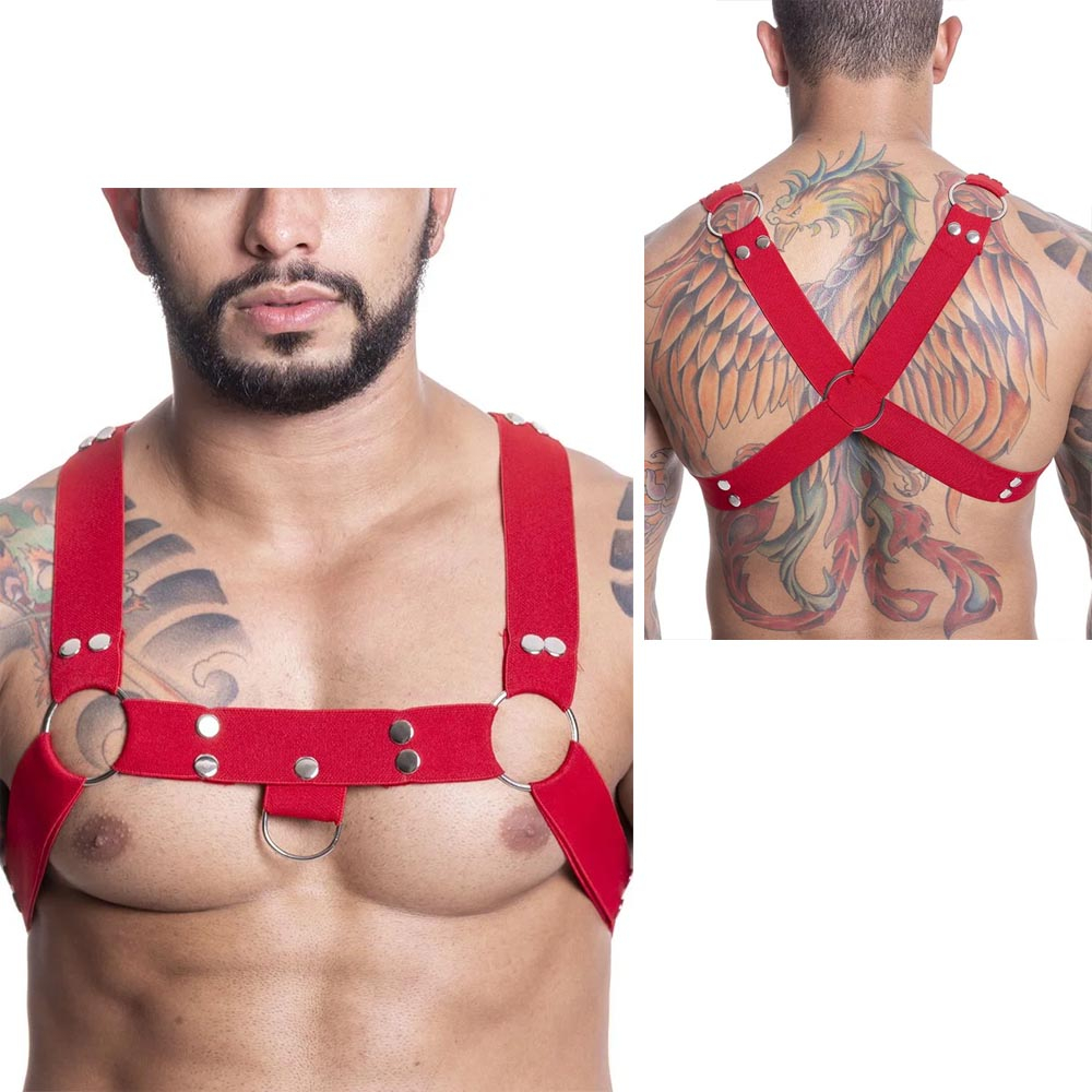 Harness Arreio Masculino em Elástico com Argolas e Rebites Vermelho | Foto 01
