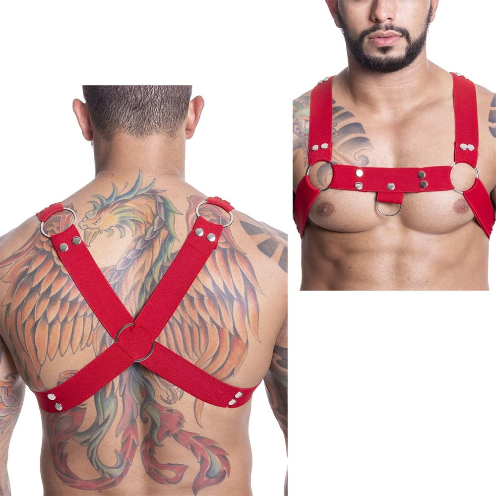 Harness Arreio Masculino em Elástico com Argolas e Rebites Vermelho | Foto 02