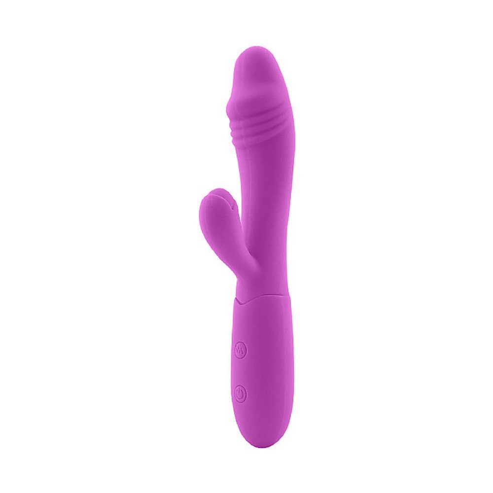 Vibrador Duplo Ila Roxo em vista lateral, com foco nos detalhes do estimulador interno e externo, al�m dos bot�es de controle de vibra��o.