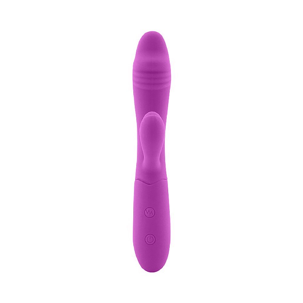 Vibrador Duplo Ila Roxo de frente, evidenciando o design para estimula��o simult�nea e a textura do silicone.
