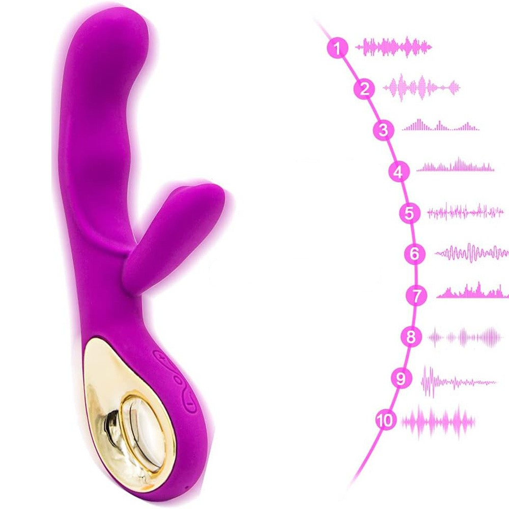 Vibrador roxo com imagem dos 10 modos de vibra��o detalhados, indicando a variedade de pulsa��es
