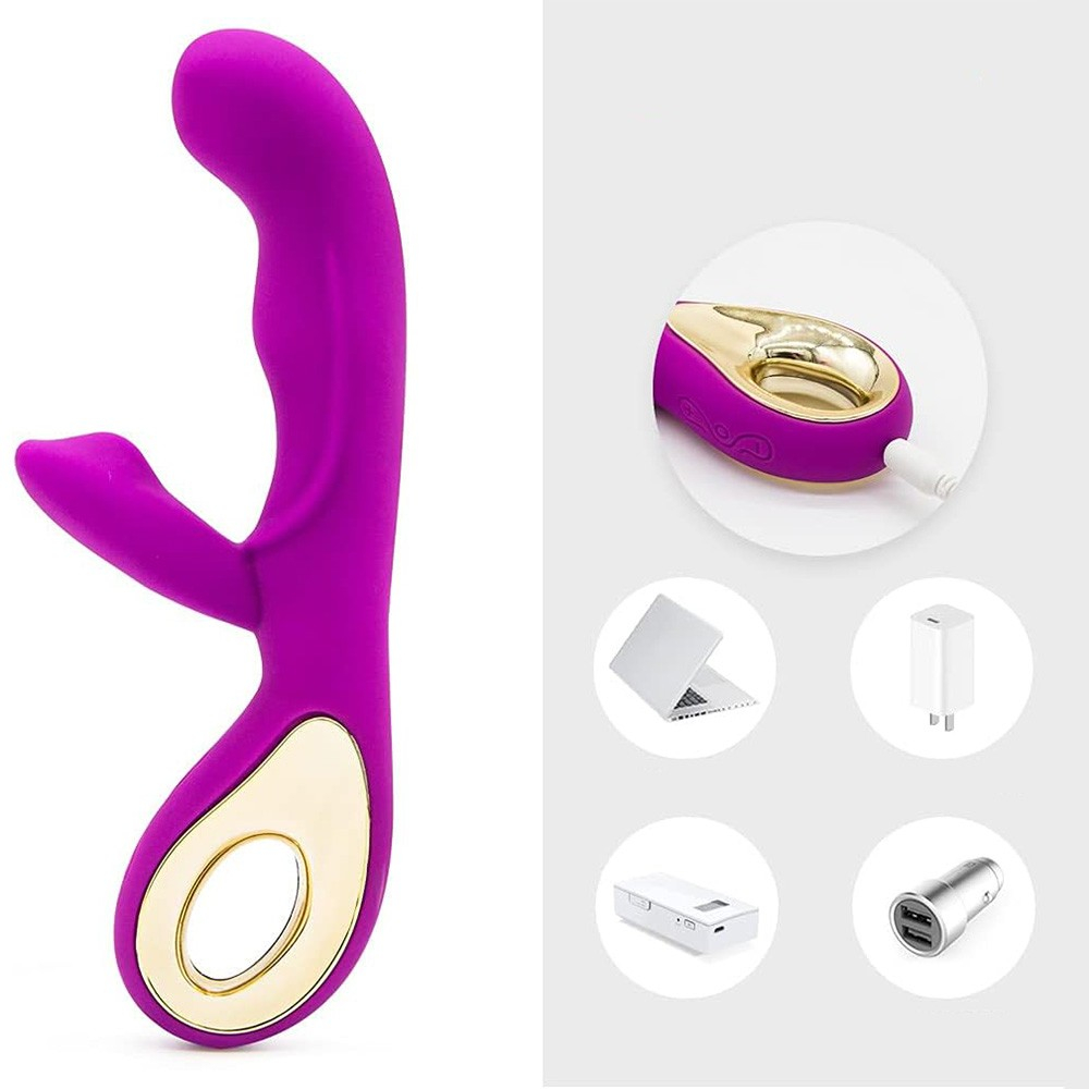Vibrador duplo roxo destacando flexibilidade do silicone e a forma curva para atingir o Ponto G e Cl�toris