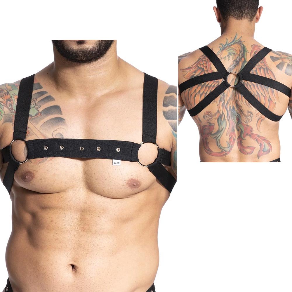 Harness Arreio Masculino em Elástico com Argola e Ilhós Preto | Foto 01