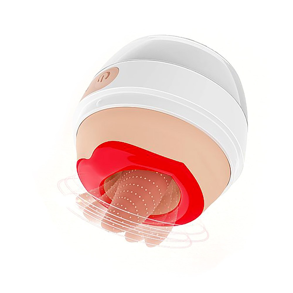 Vibrador para Clit�ris Formato de L�ngua Recarreg�vel em Silicone 10 Estimula��es Branco, vista em �ngulo mostrando a boca de silicone vibrando em movimentos de lambida